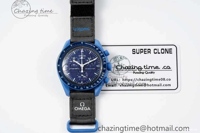 0211 ZipUp Speedmaster Misson To Neptune 1:1 Best Edition Blue Dial On Nylon Strap Quartz 7854